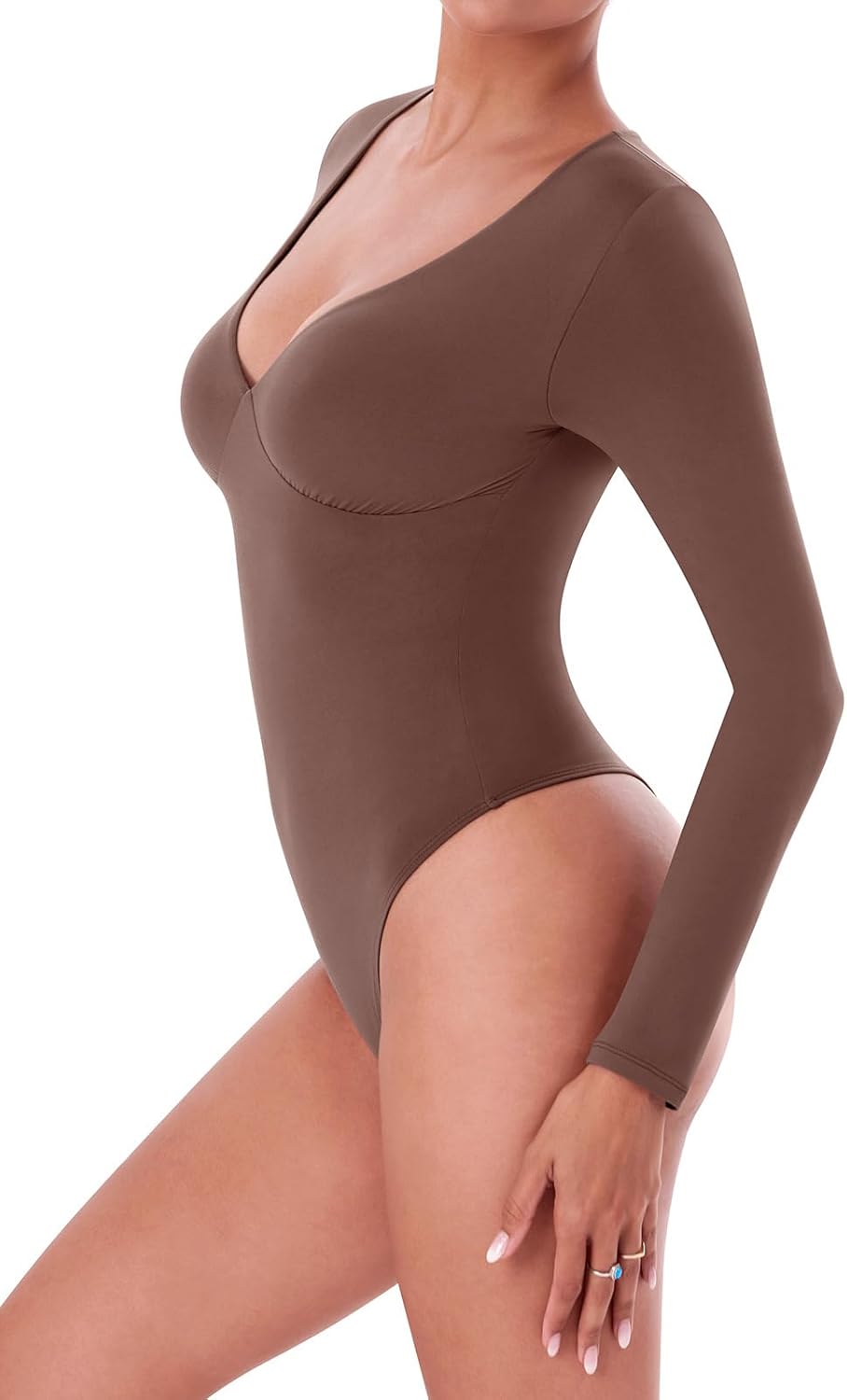 PINKMSTYLE Womens Plunge V Neck Long Sleeve Bodysuits Sexy Double Lined Going Out Tops Night Out Outfits