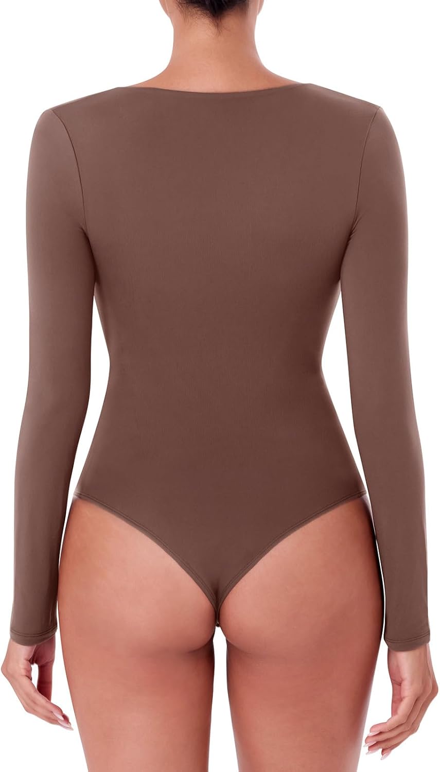 PINKMSTYLE Womens Plunge V Neck Long Sleeve Bodysuits Sexy Double Lined Going Out Tops Night Out Outfits