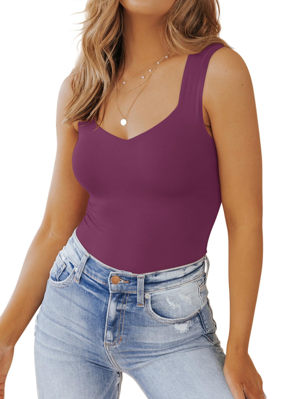 PINKMSTYLE Women's Basic Double Lined V Neck Tank Tops Sleeveless Shirts Slimming Summer Tops