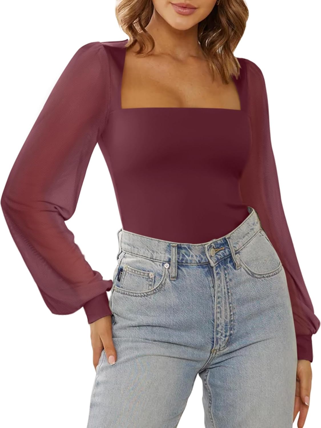 PINKMSTYLE Women's Square Neck Double Lined Mesh Long Sleeve Bodysuits Slim fit Trendy Going Out Tops Shirts