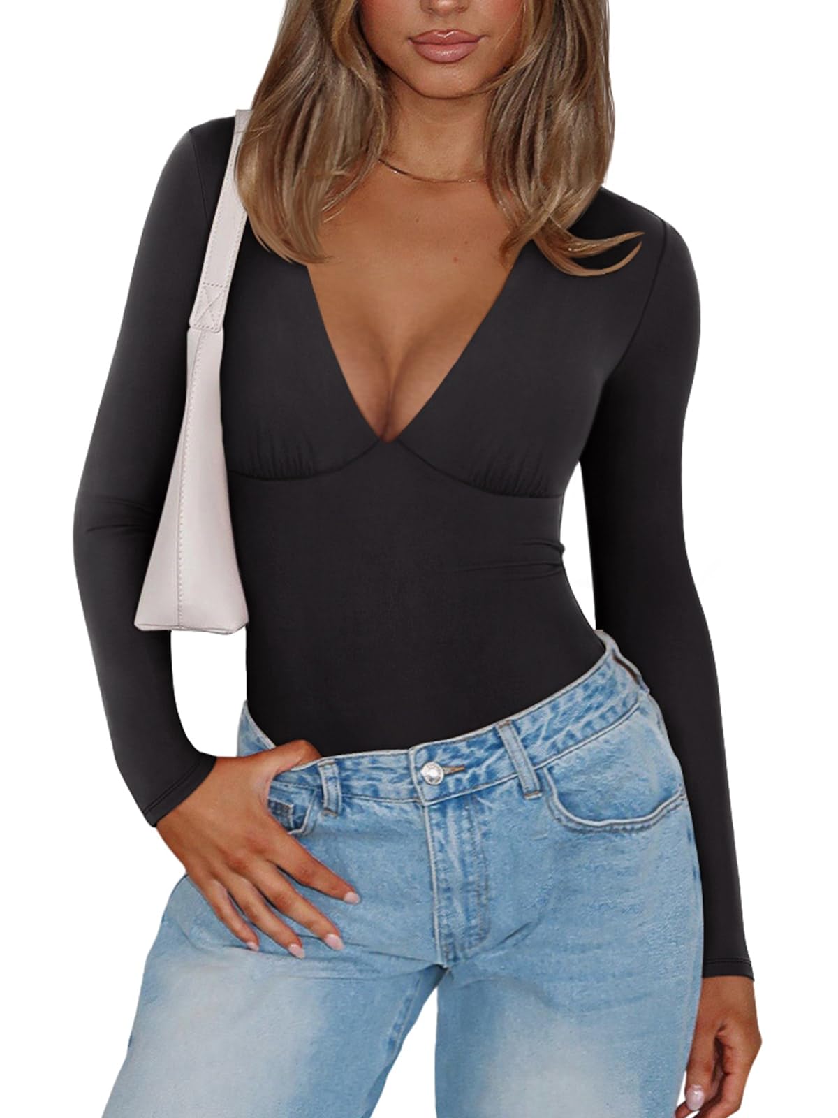 PINKMSTYLE Womens Plunge V Neck Long Sleeve Bodysuits Sexy Double Lined Going Out Tops Night Out Outfits
