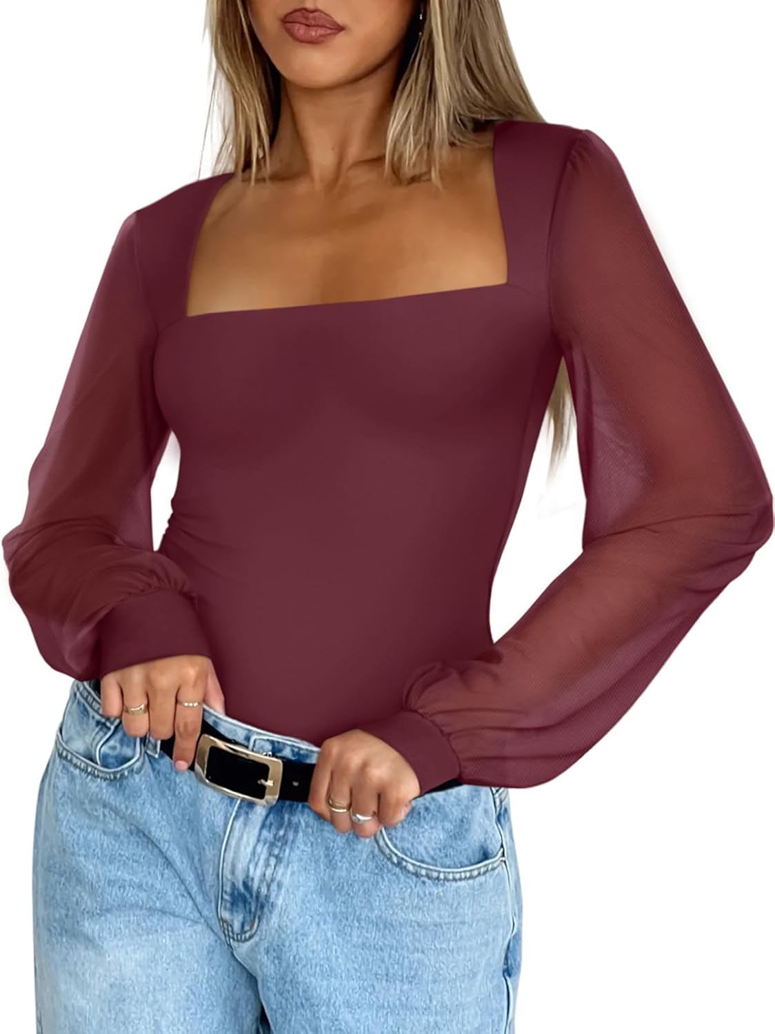 PINKMSTYLE Women's Square Neck Double Lined Mesh Long Sleeve Bodysuits Slim fit Trendy Going Out Tops Shirts
