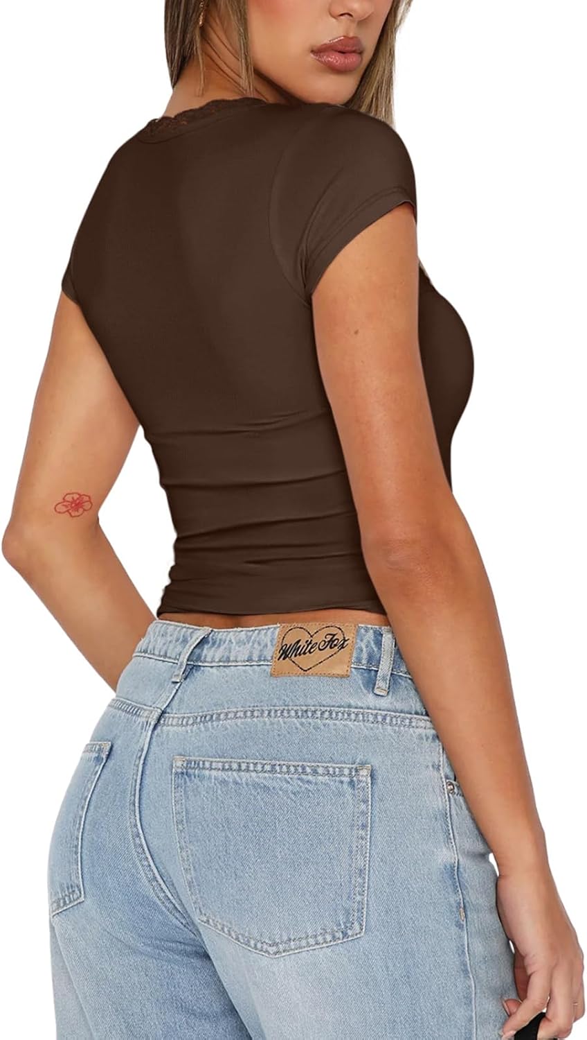 PINKMSTYLE Womens Sexy Lace V Neck Short Sleeve Tops Slim Fit Stretchy Going Out Y2K Tees Trendy Summer Crop Shirts