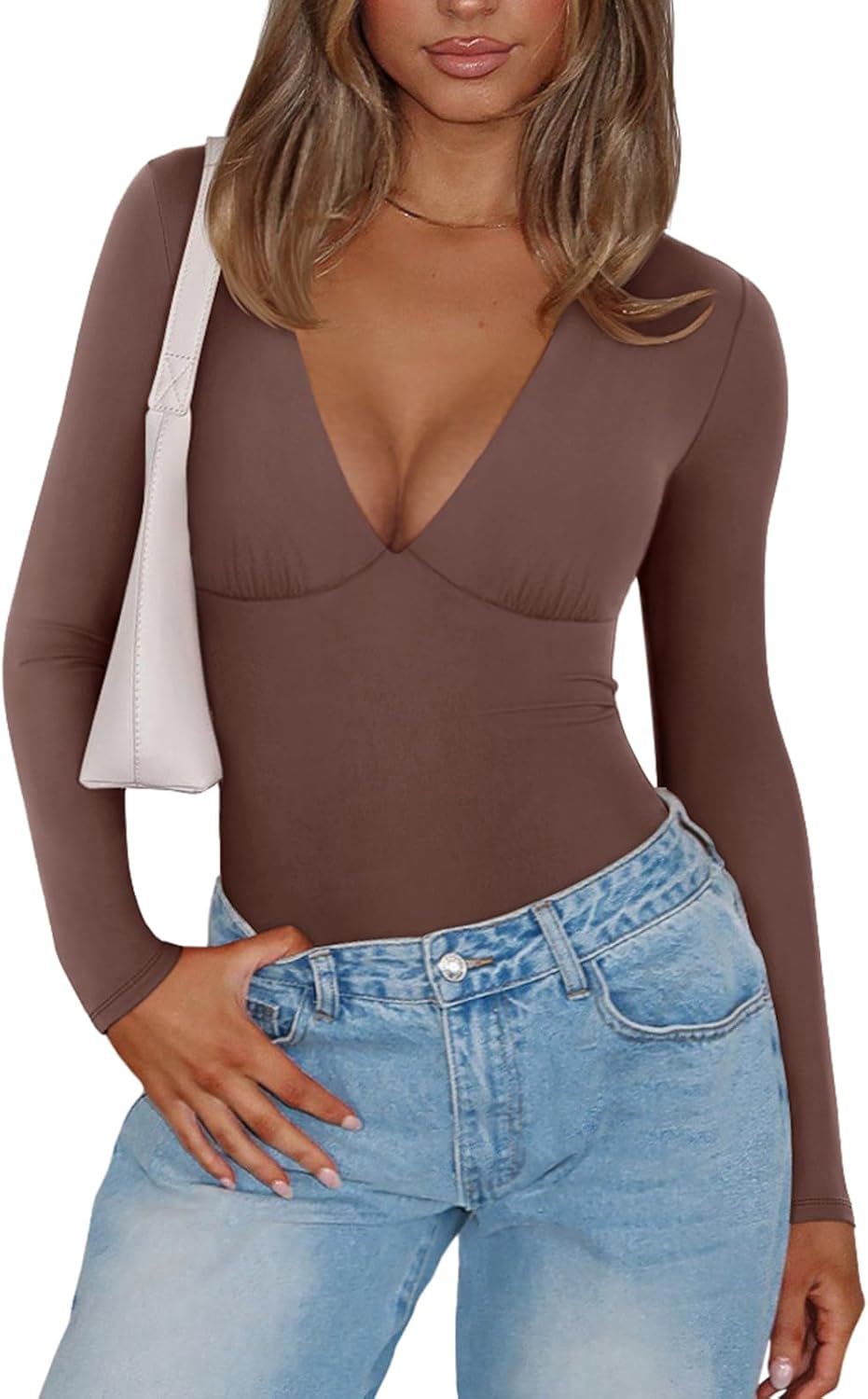 PINKMSTYLE Womens Plunge V Neck Long Sleeve Bodysuits Sexy Double Lined Going Out Tops Night Out Outfits