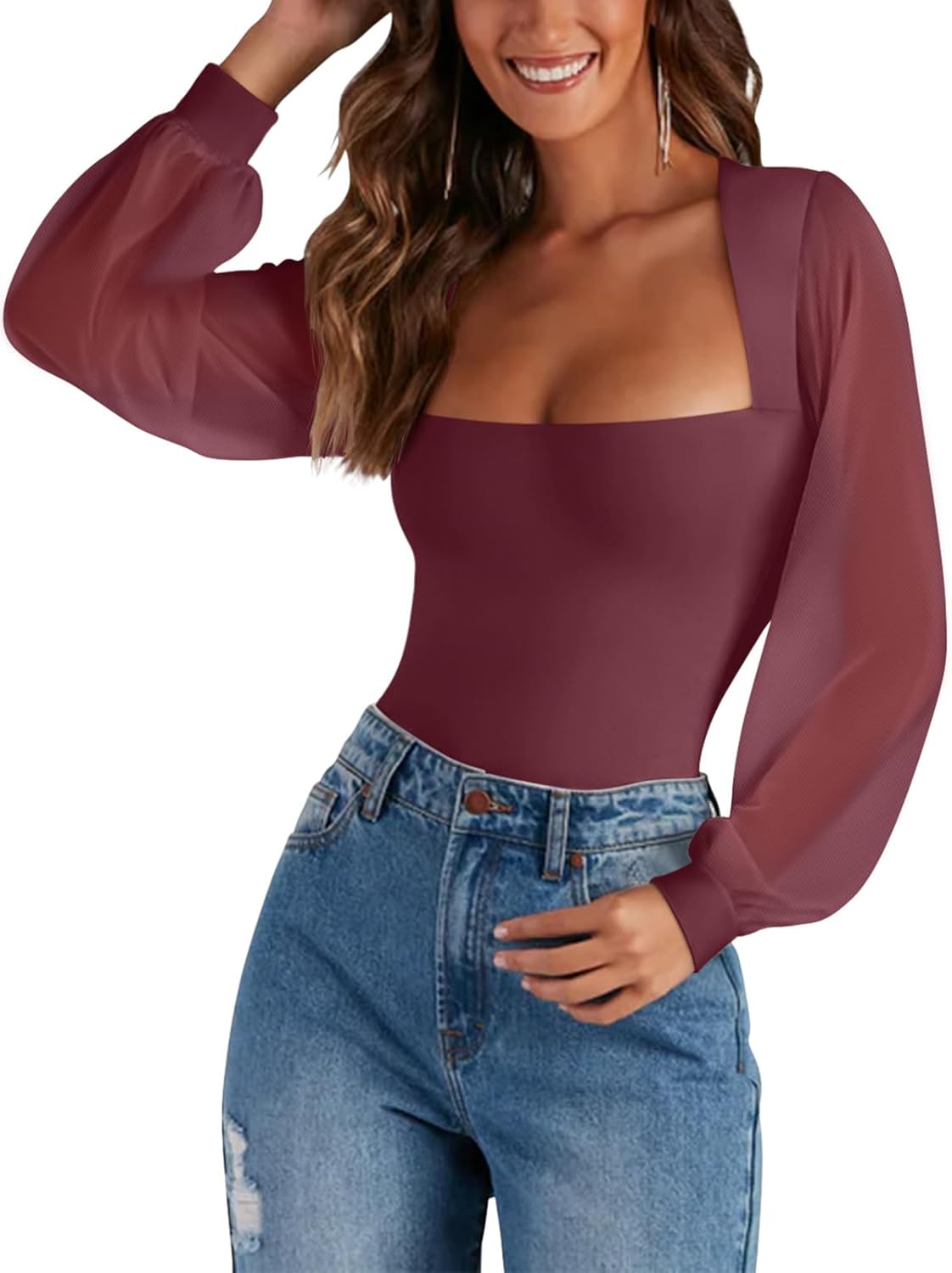 PINKMSTYLE Women's Square Neck Double Lined Mesh Long Sleeve Bodysuits Slim fit Trendy Going Out Tops Shirts