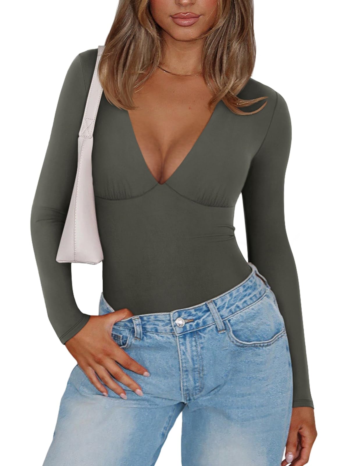 PINKMSTYLE Womens Plunge V Neck Long Sleeve Bodysuits Sexy Double Lined Going Out Tops Night Out Outfits