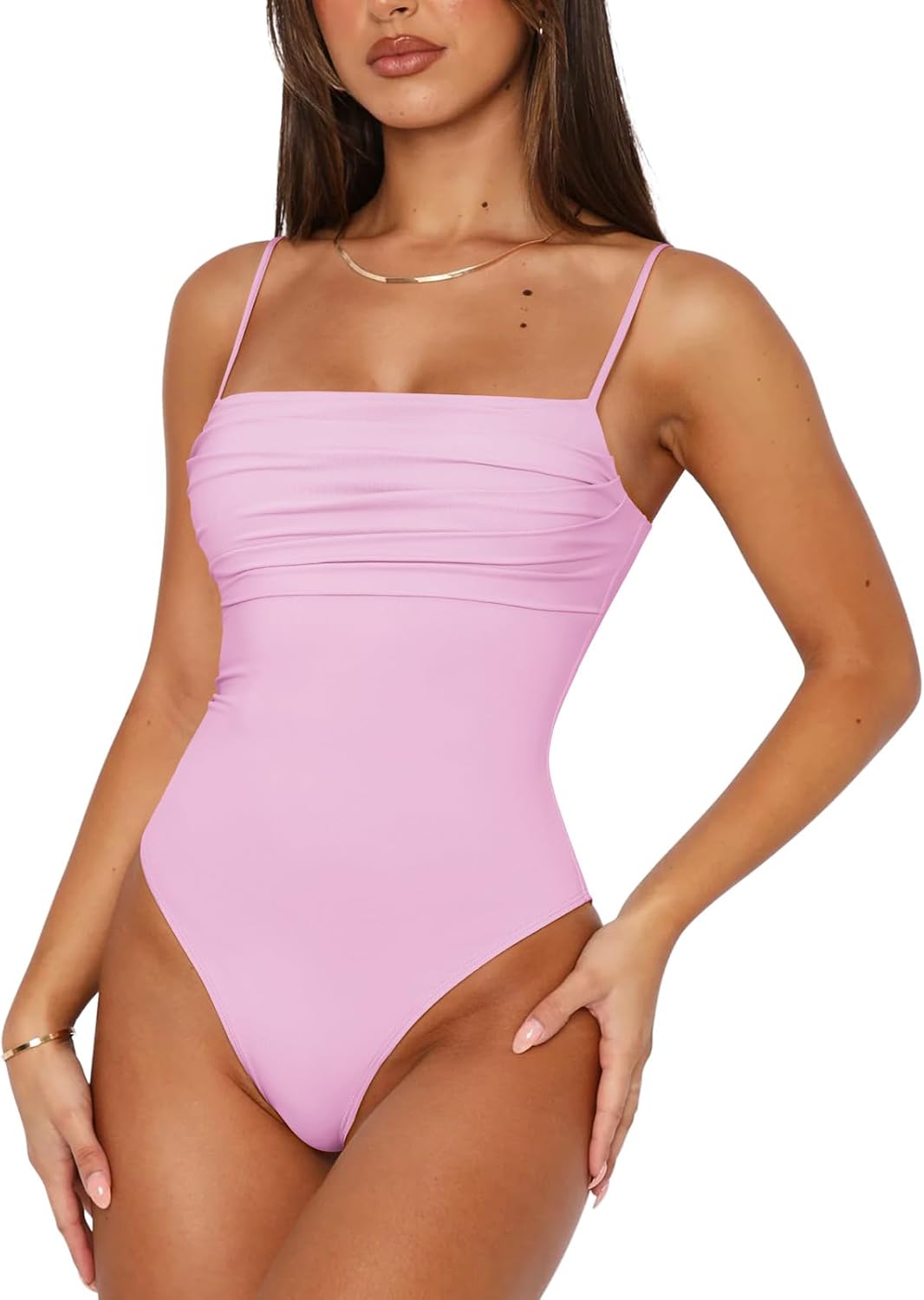 PINKMSTYLE Womens Cute Ruched Bodysuits Double Lined Tank Top Going Out Tops Date Night Outfit