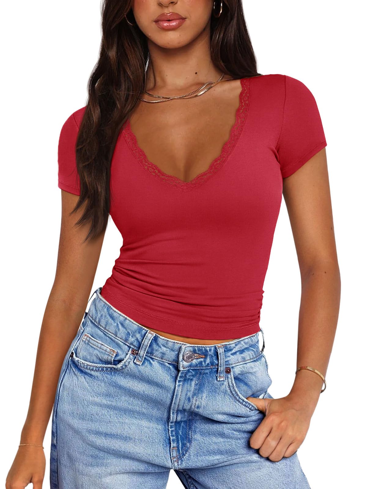 PINKMSTYLE Womens Sexy Lace V Neck Short Sleeve Tops Slim Fit Stretchy Going Out Y2K Tees Trendy Summer Crop Shirts