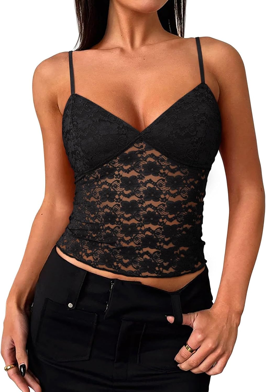 PINKMSTYLE Women Sexy Lace V Neck Cami Tank Top Adjustable Spaghetti Strap Going Out Crop Y2k Fashion Tops