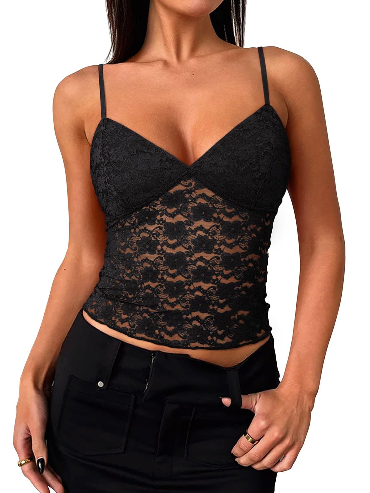 PINKMSTYLE Women Sexy Lace V Neck Cami Tank Top Adjustable Spaghetti Strap Going Out Crop Y2k Fashion Tops
