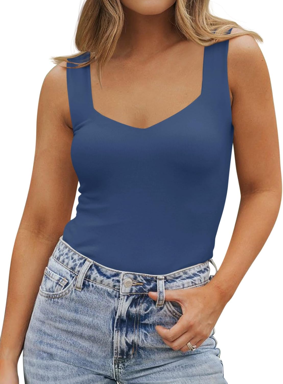 PINKMSTYLE Women's Basic Double Lined V Neck Tank Tops Sleeveless Shirts Slimming Summer Tops