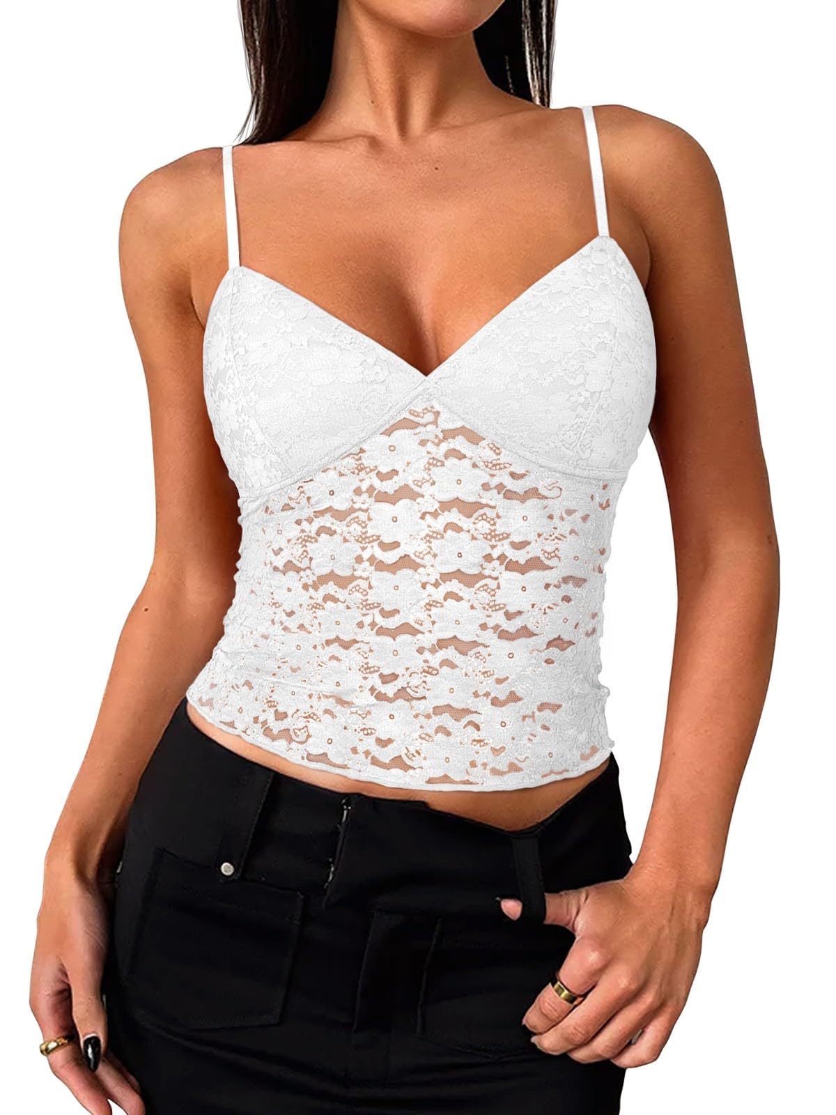 PINKMSTYLE Women Sexy Lace V Neck Cami Tank Top Adjustable Spaghetti Strap Going Out Crop Y2k Fashion Tops