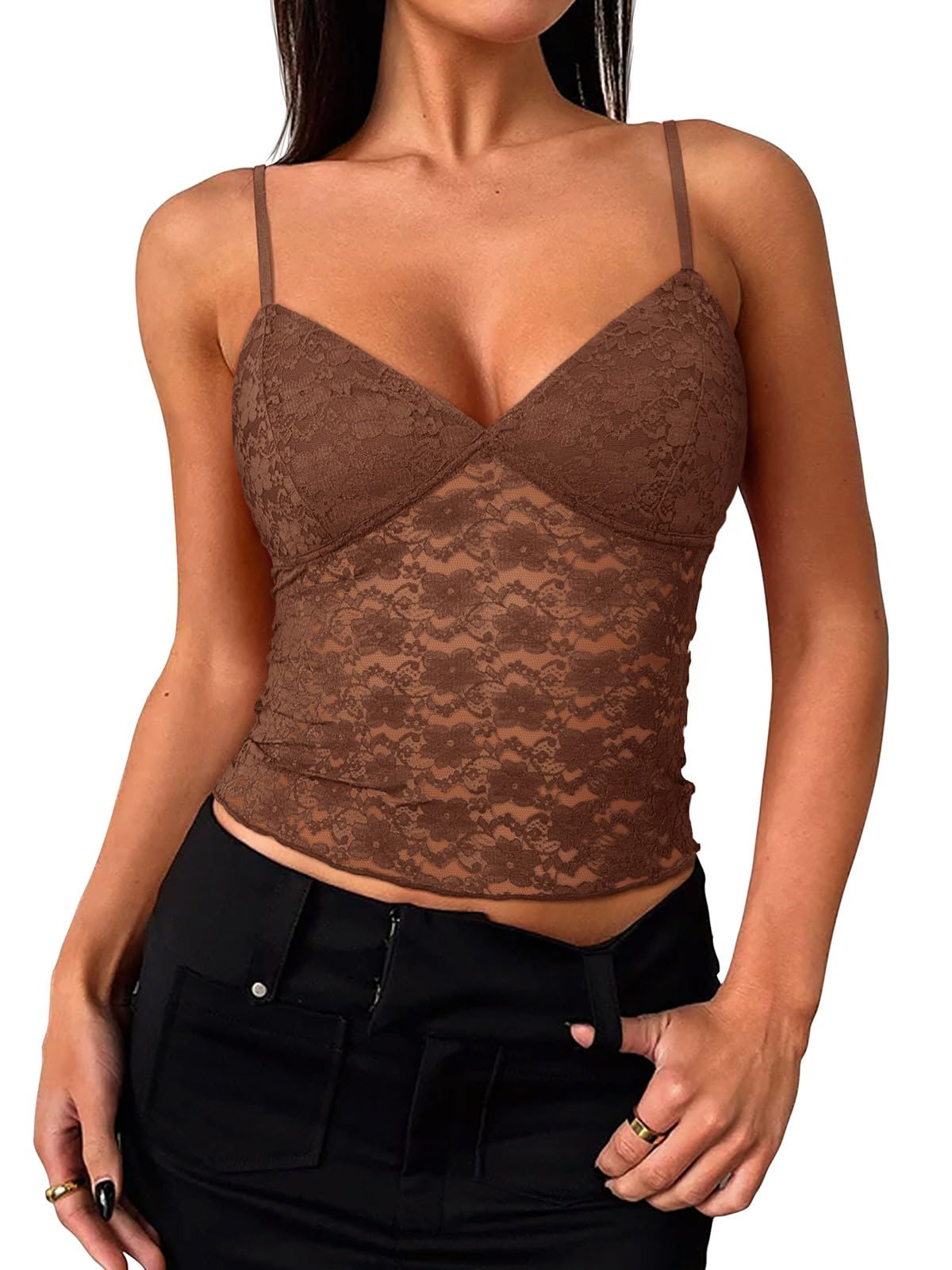PINKMSTYLE Women Sexy Lace V Neck Cami Tank Top Adjustable Spaghetti Strap Going Out Crop Y2k Fashion Tops