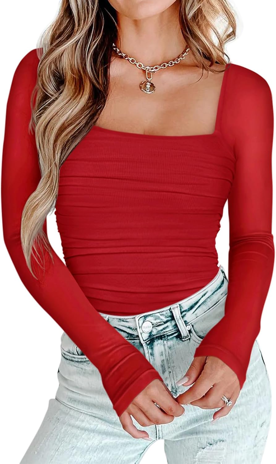 PINKMSTYLE Womens Square Neck Mesh Long Sleeve Bodysuit Shapewear Corset Tops Sexy Concert Outfits Party Shirts