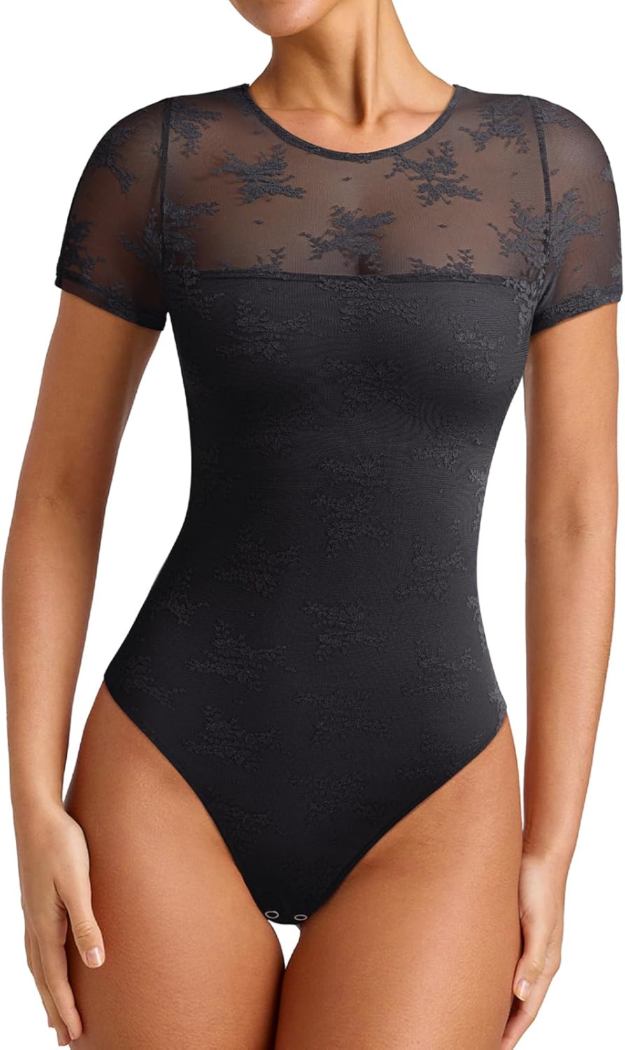 PINKMSTYLE Womens Crew Neck Lace Short Sleeve Bodysuit Double Lined Going Out Tops Sexy Thong Body Suit Shirts