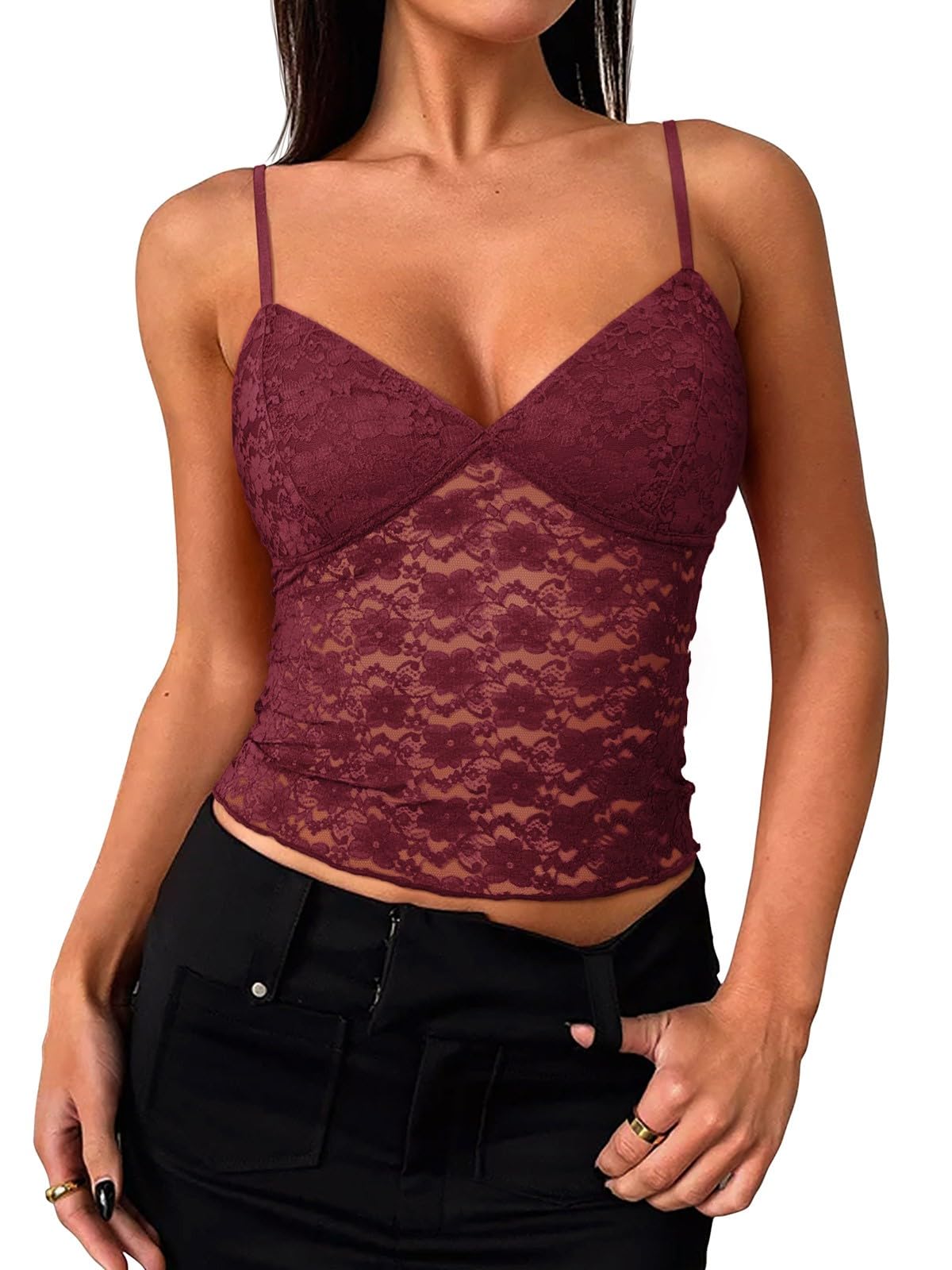 PINKMSTYLE Women Sexy Lace V Neck Cami Tank Top Adjustable Spaghetti Strap Going Out Crop Y2k Fashion Tops