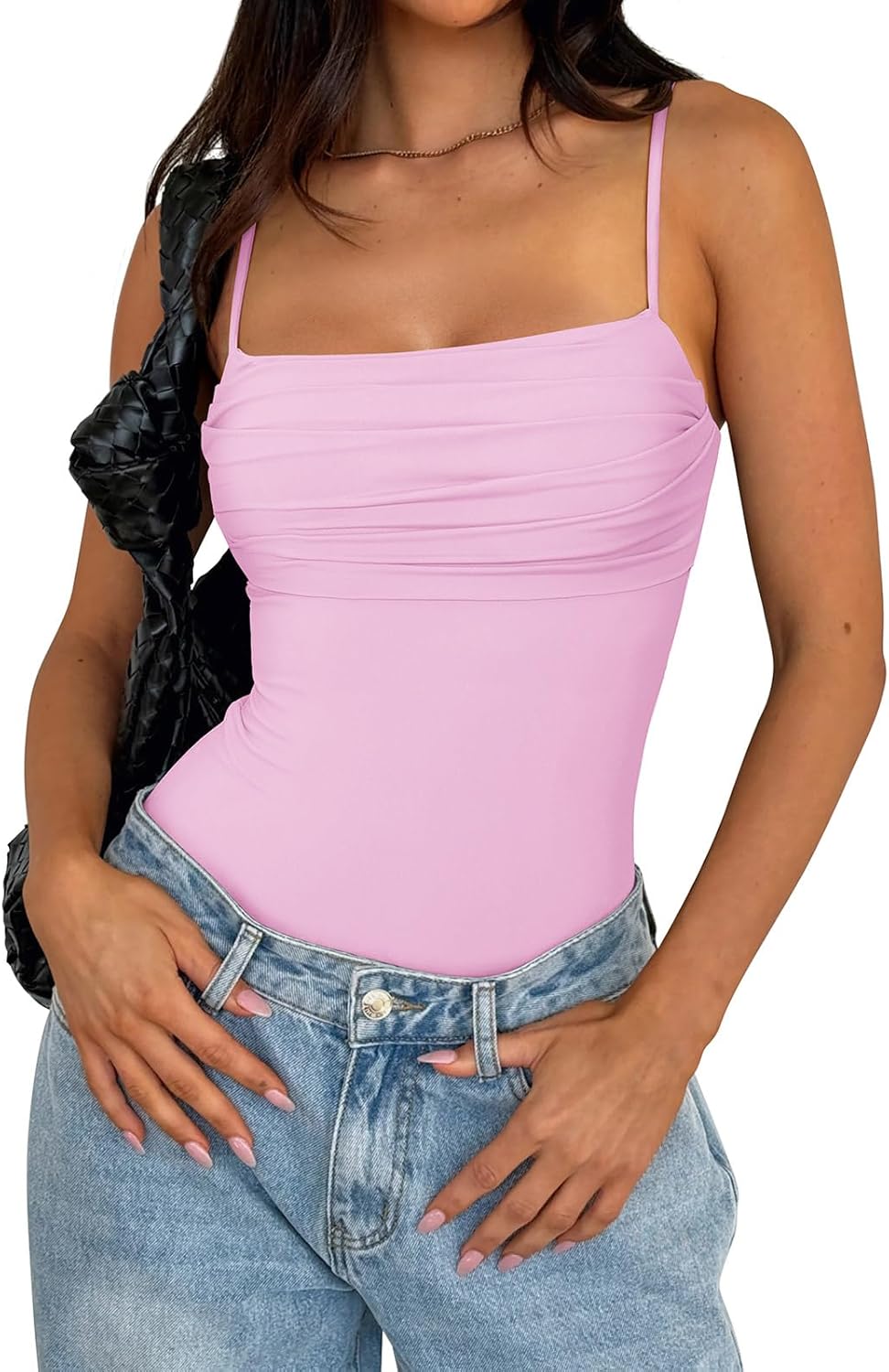 PINKMSTYLE Womens Cute Ruched Bodysuits Double Lined Tank Top Going Out Tops Date Night Outfit