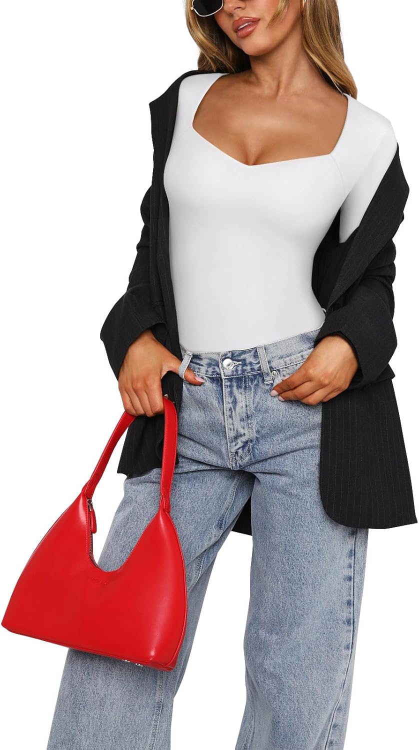 PINKMSTYLE Womens Sexy Square Sweetheart V Neck Tops Double Lined Tees Basic Long Sleeve Slimming Fit T Shirts Fall Tops