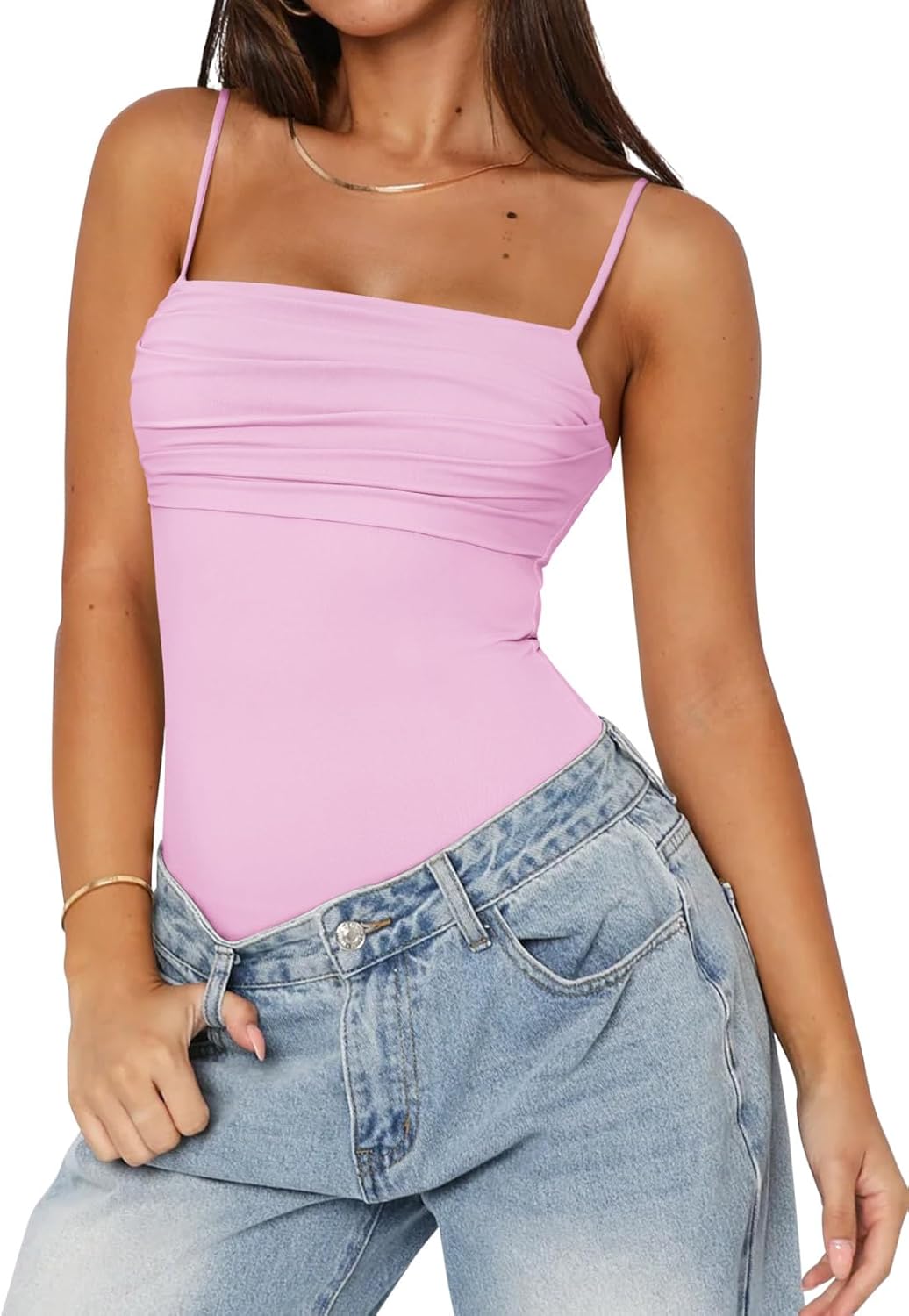 PINKMSTYLE Womens Cute Ruched Bodysuits Double Lined Tank Top Going Out Tops Date Night Outfit