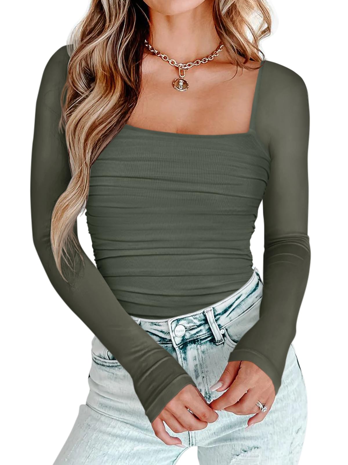 PINKMSTYLE Womens Square Neck Mesh Long Sleeve Bodysuit Shapewear Corset Tops Sexy Concert Outfits Party Shirts
