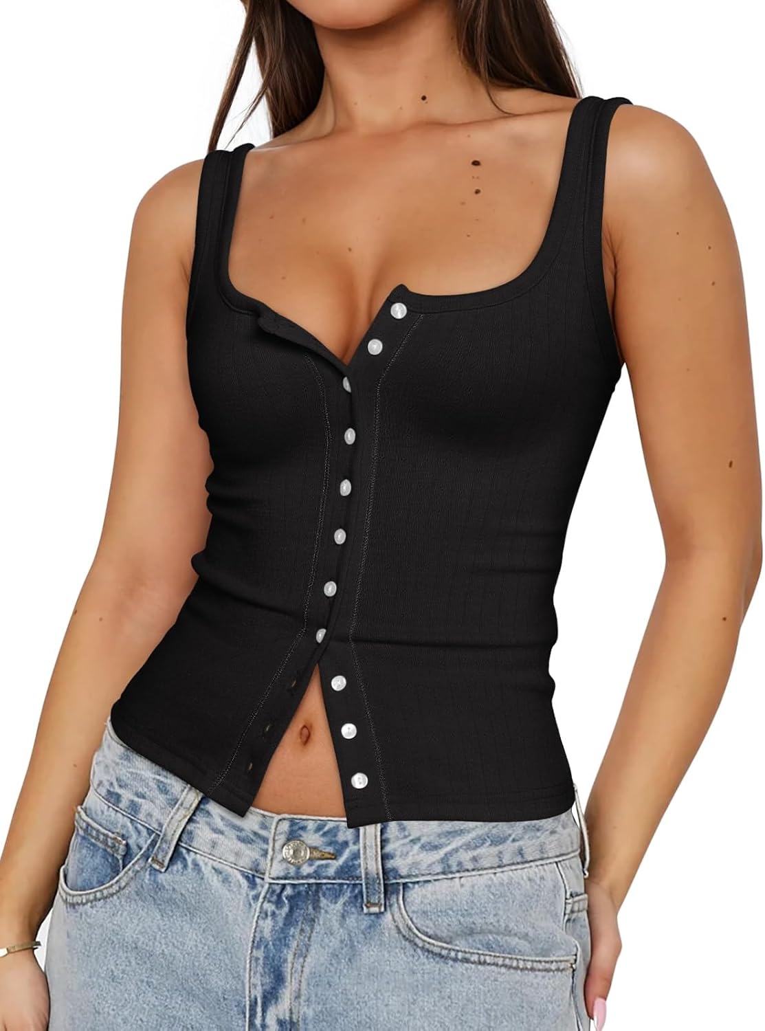 PINKMSTYLE Womens Square Neck Button Down Ribbed Tank Tops Cute Sleeveless Summer Tops