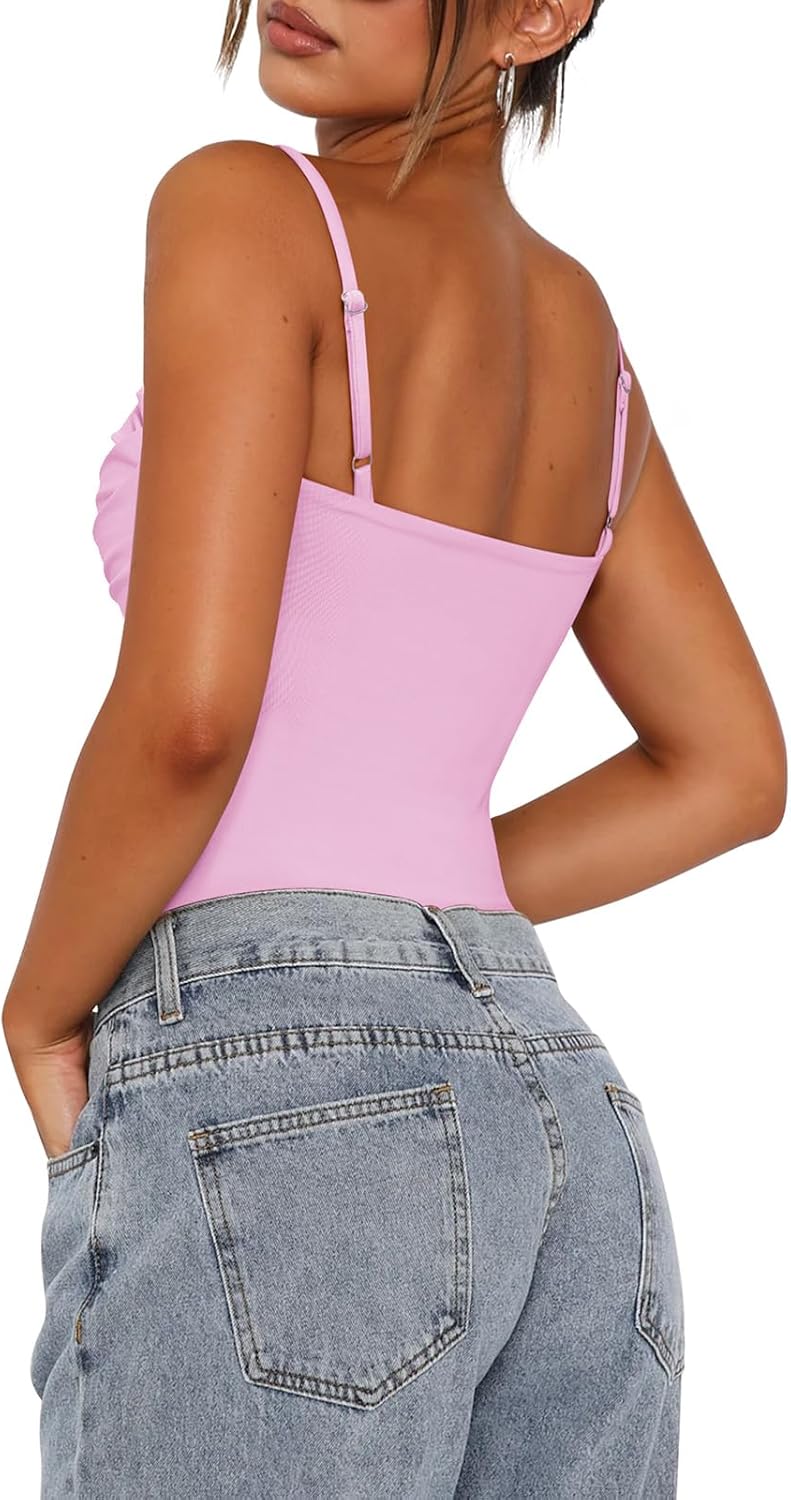 PINKMSTYLE Womens Cute Ruched Bodysuits Double Lined Tank Top Going Out Tops Date Night Outfit