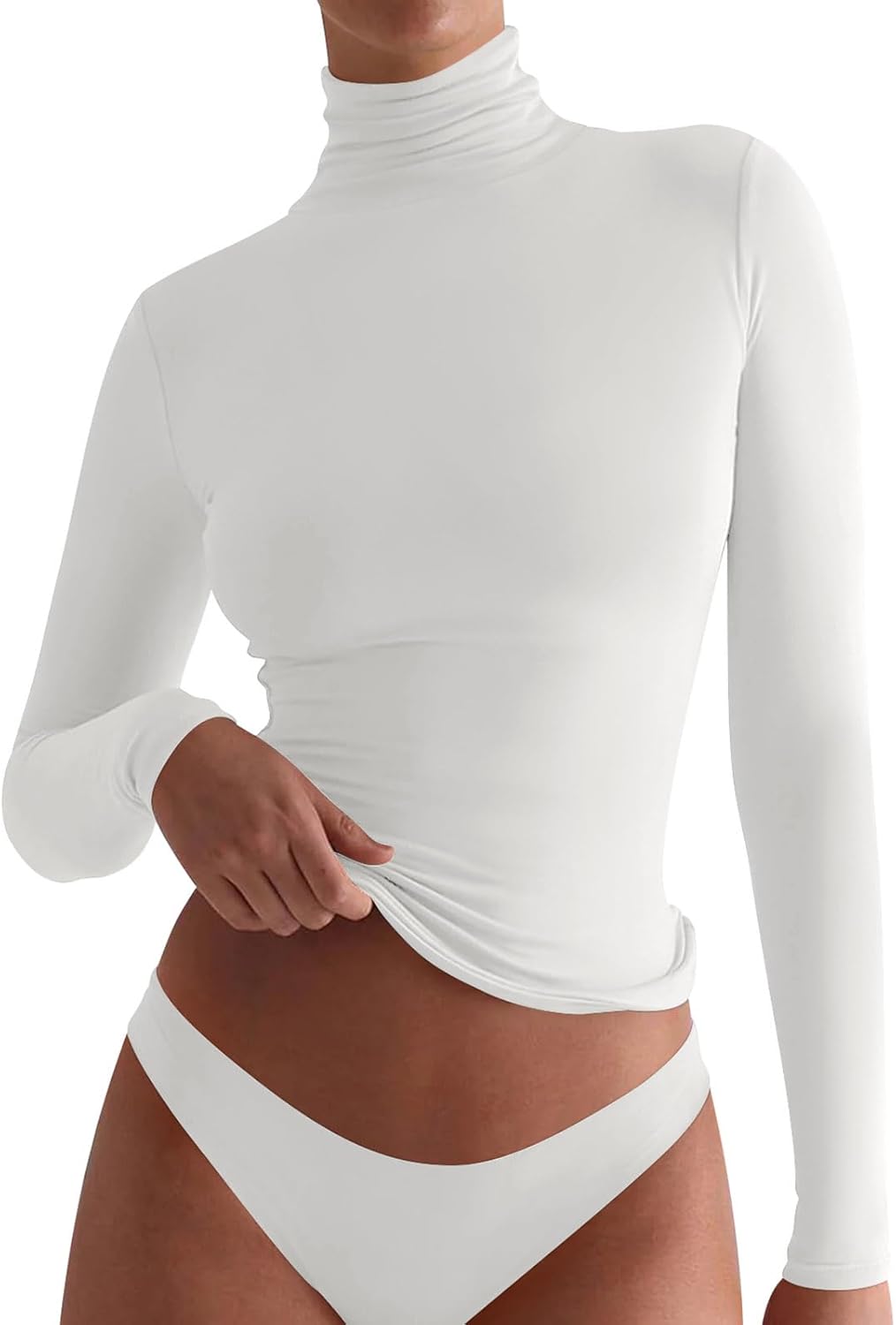 PINKMSTYLE Womens Mock Turtleneck Long Sleeve Tops Casual Double Lined T Shirts Trendy Outfits 2024 Small Off-White