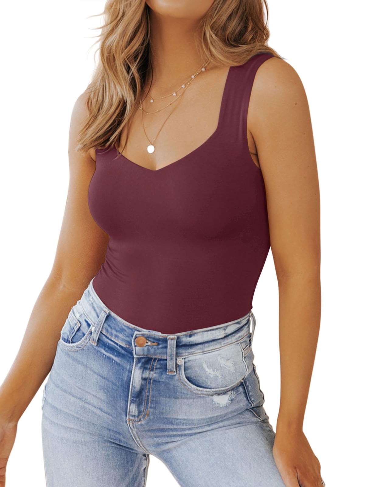 PINKMSTYLE Women's Basic Double Lined V Neck Tank Tops Sleeveless Shirts Slimming Summer Tops