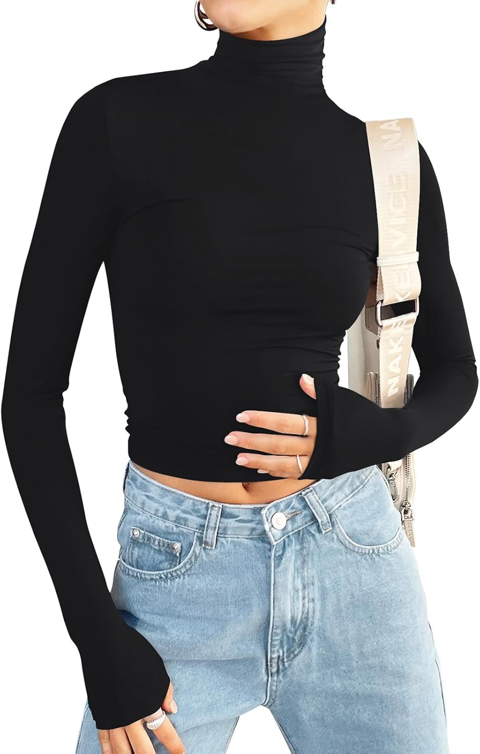 PINKMSTYLE Layering Turtle Necks Tops Black Long Sleeve T Shirt Double Lined Tops for Women Large