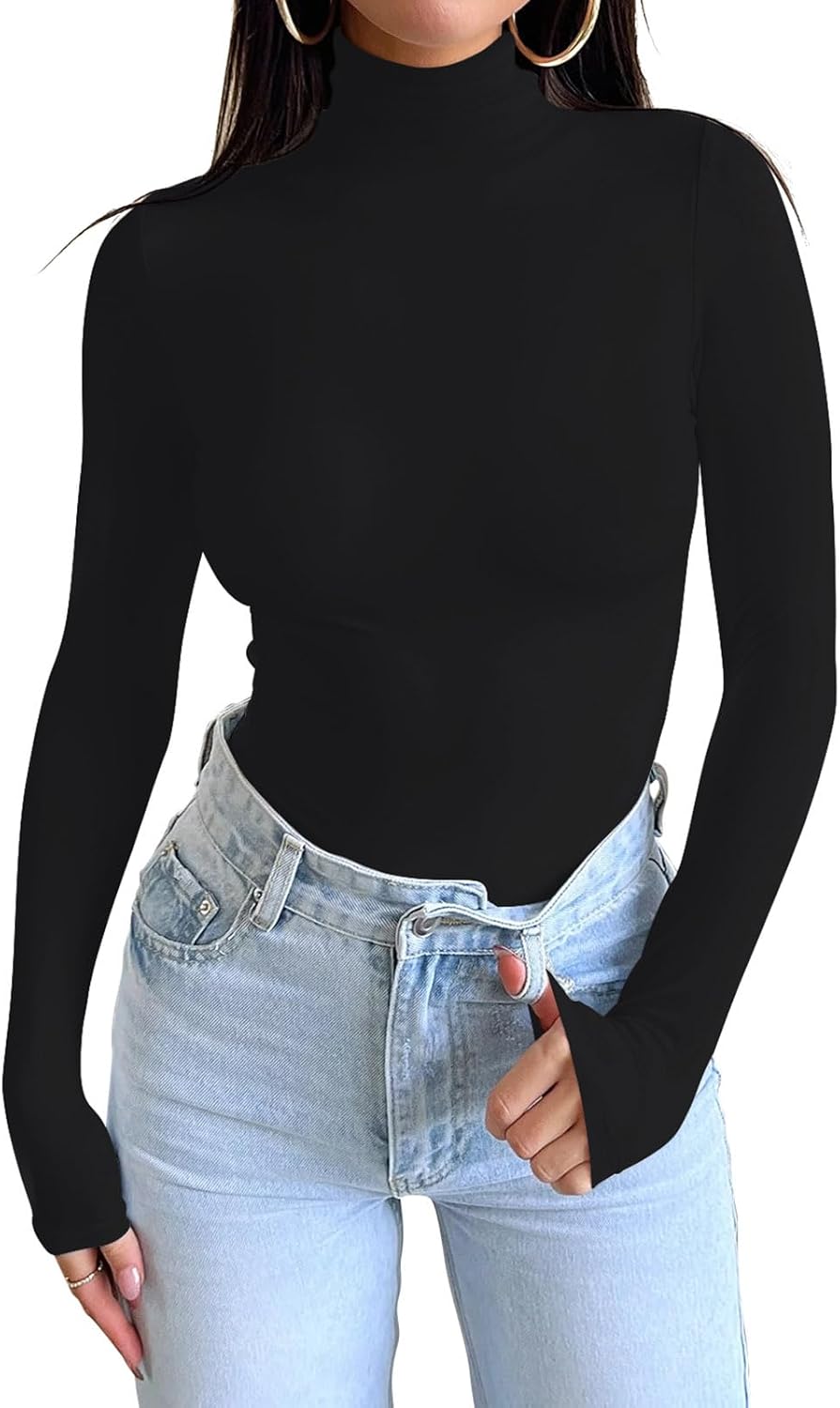 PINKMSTYLE Layering Turtle Necks Tops Black Long Sleeve T Shirt Double Lined Tops for Women Large