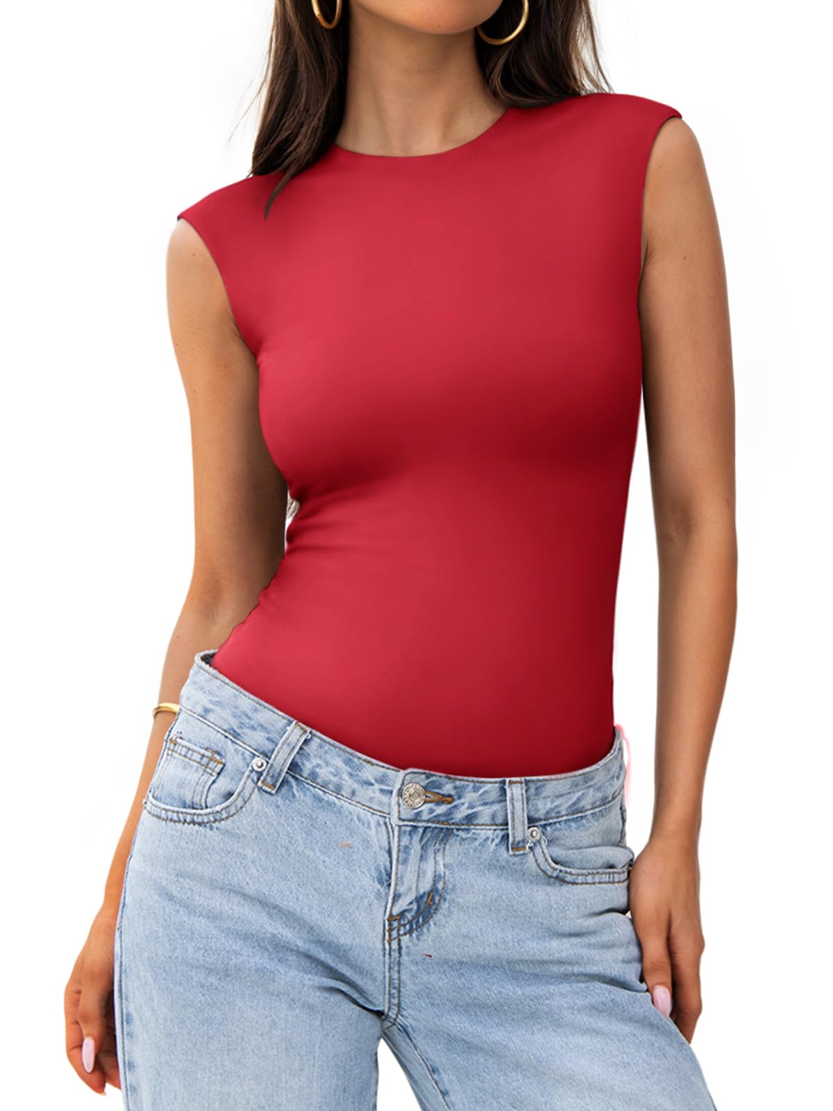 PINKMSTYLE Womens Crew Neck Sleeveless Bodysuit Double Lined Stretchy Fitted Basic Thong Body suit Tank Tops