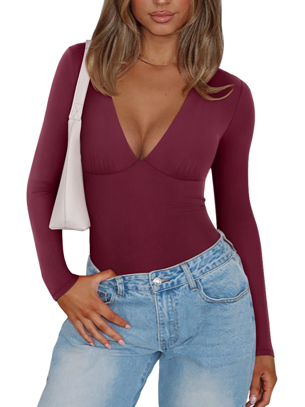 PINKMSTYLE Womens Plunge V Neck Long Sleeve Bodysuits Sexy Double Lined Going Out Tops Night Out Outfits