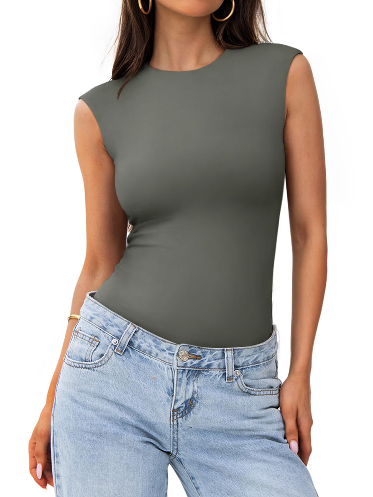 PINKMSTYLE Womens Crew Neck Sleeveless Bodysuit Double Lined Stretchy Fitted Basic Thong Body suit Tank Tops