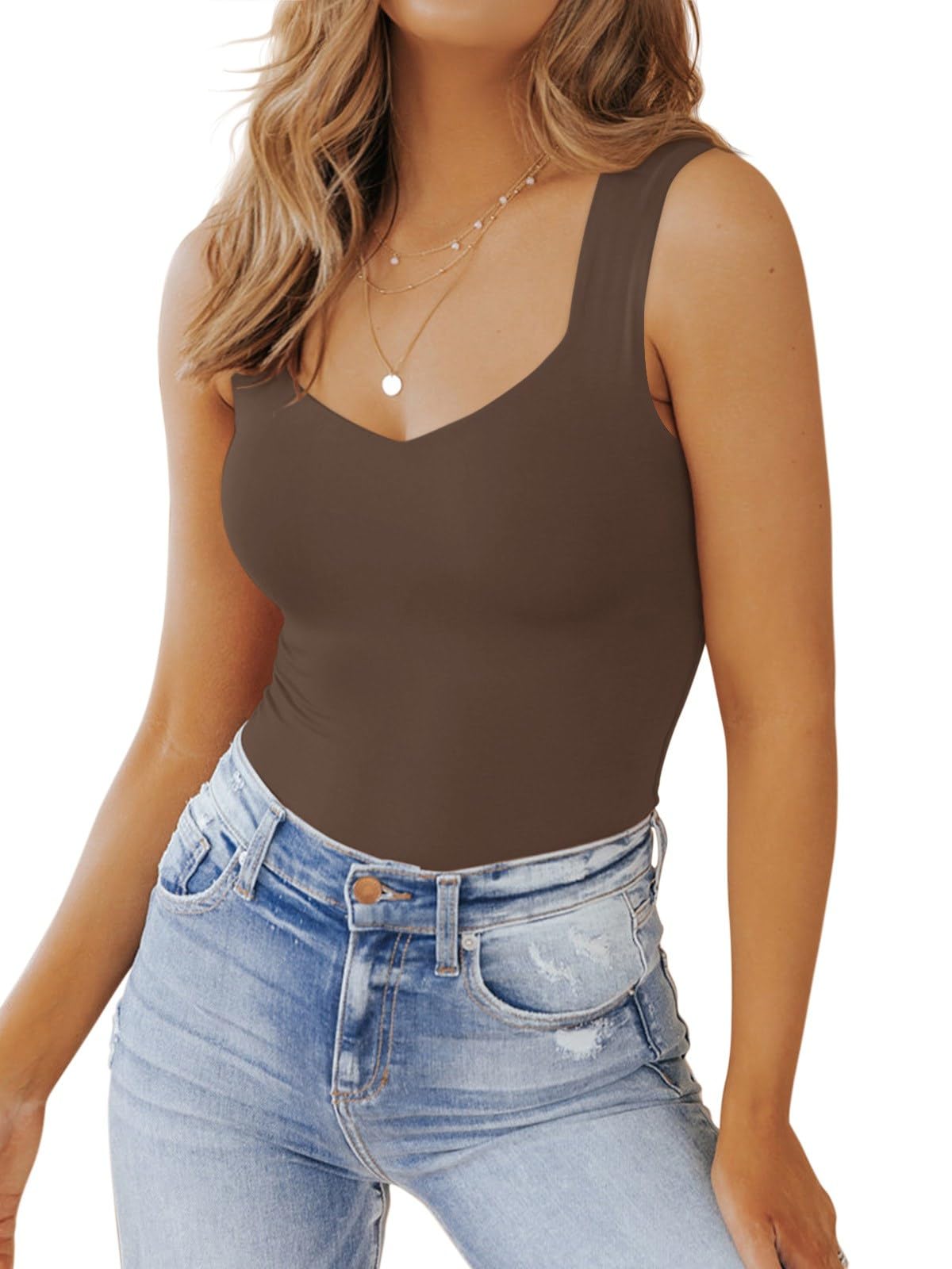 PINKMSTYLE Women's Basic Double Lined V Neck Tank Tops Sleeveless Shirts Slimming Summer Tops