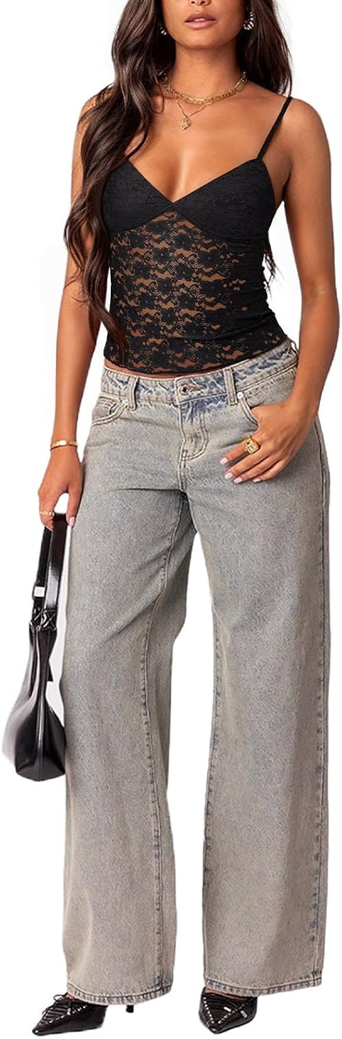 PINKMSTYLE Women Sexy Lace V Neck Cami Tank Top Adjustable Spaghetti Strap Going Out Crop Y2k Fashion Tops