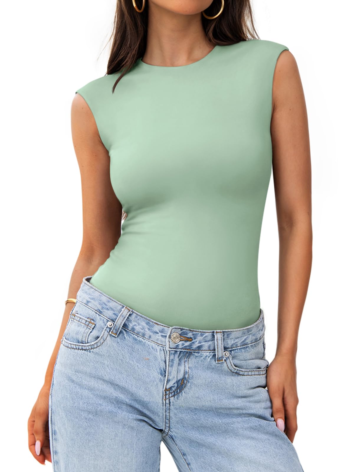 PINKMSTYLE Womens Crew Neck Sleeveless Bodysuit Double Lined Stretchy Fitted Basic Thong Body suit Tank Tops