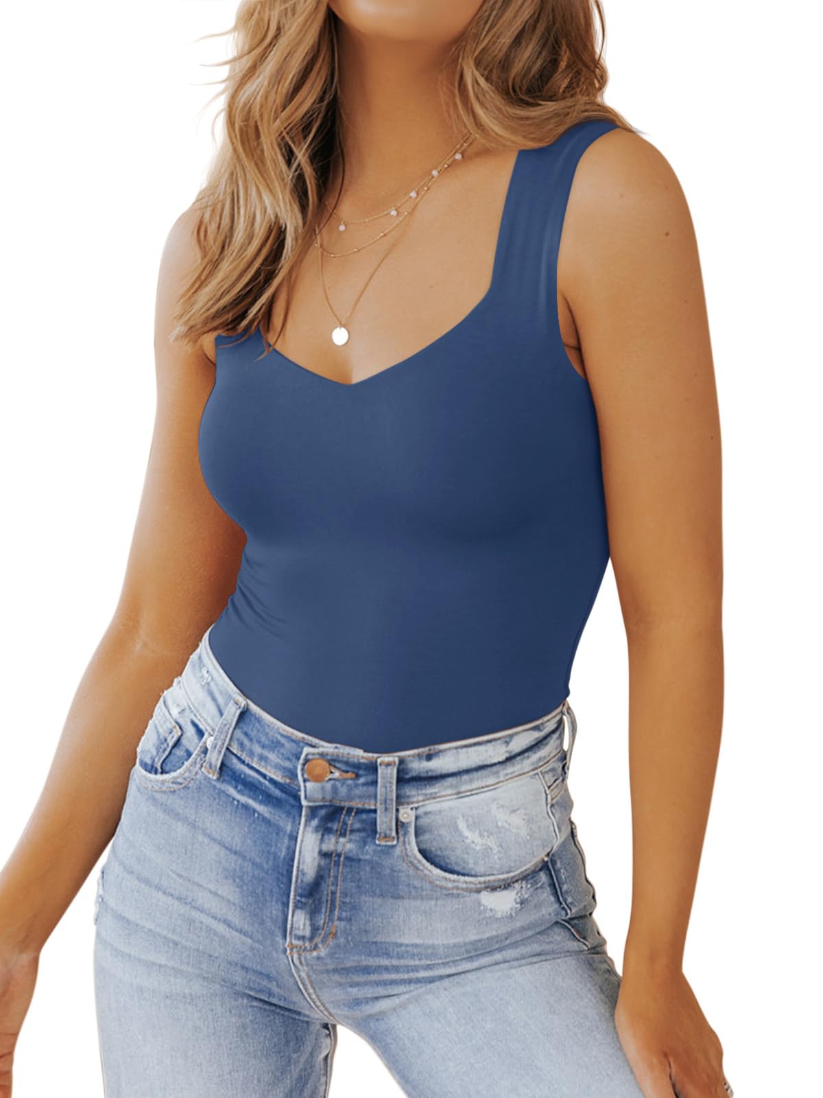 PINKMSTYLE Women's Basic Double Lined V Neck Tank Tops Sleeveless Shirts Slimming Summer Tops