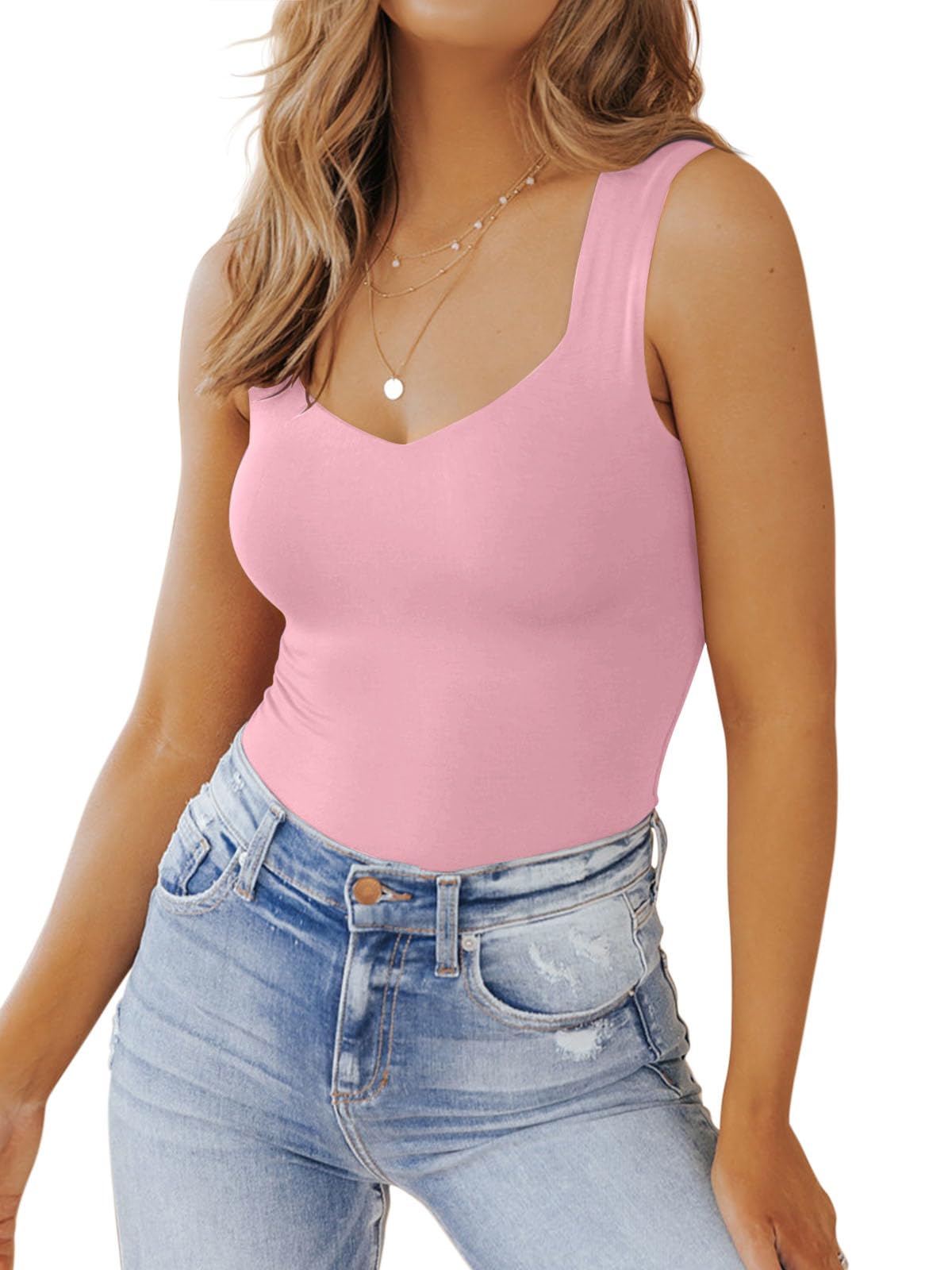 PINKMSTYLE Women's Basic Double Lined V Neck Tank Tops Sleeveless Shirts Slimming Summer Tops