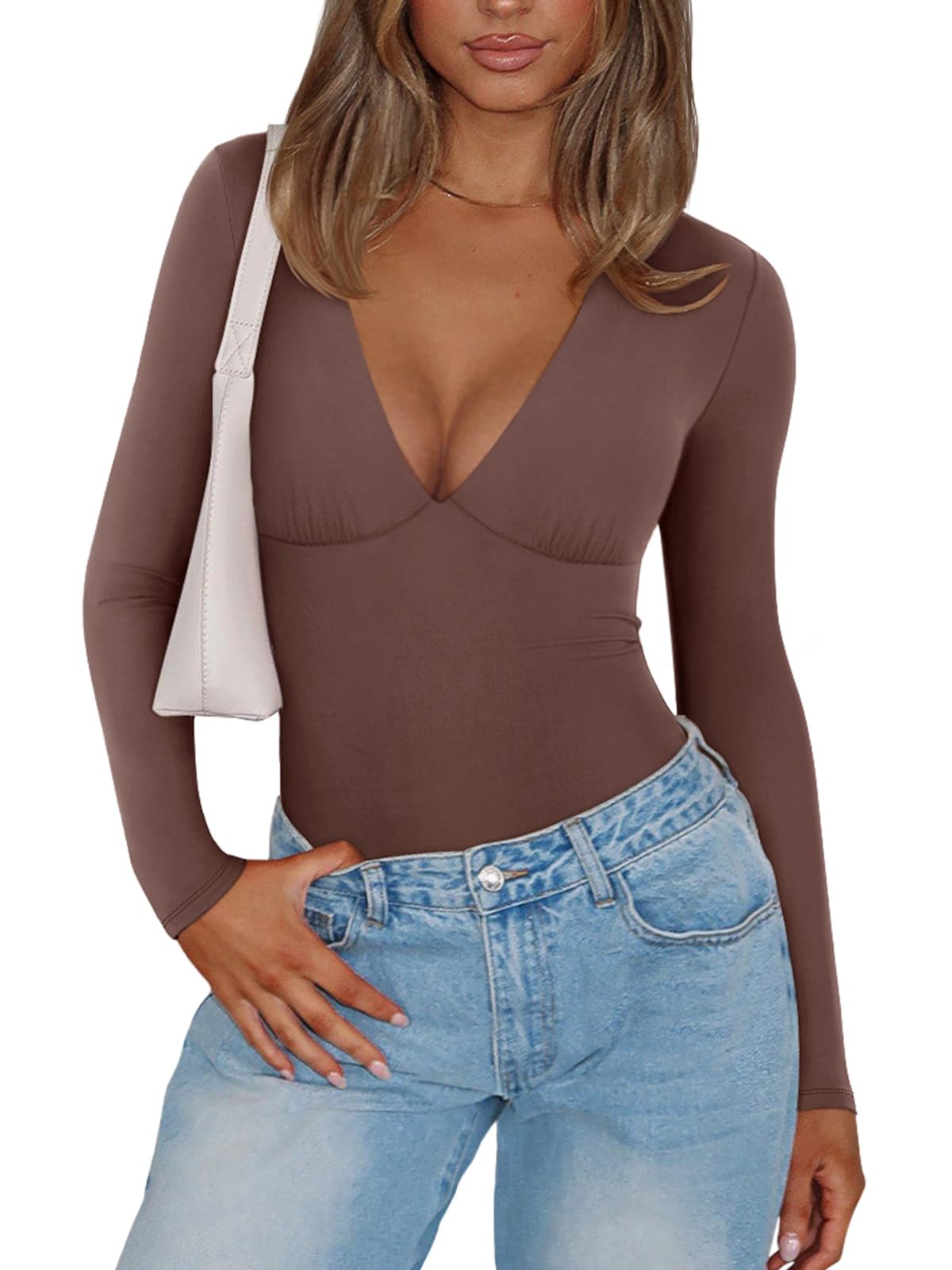 PINKMSTYLE Womens Plunge V Neck Long Sleeve Bodysuits Sexy Double Lined Going Out Tops Night Out Outfits