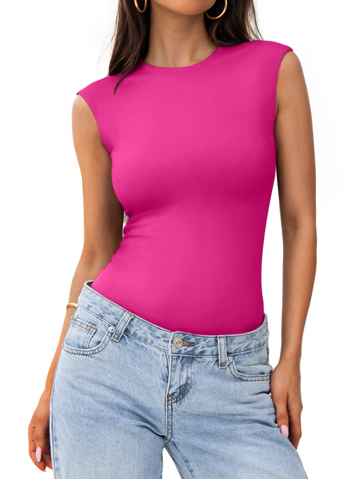 PINKMSTYLE Womens Crew Neck Sleeveless Bodysuit Double Lined Stretchy Fitted Basic Thong Body suit Tank Tops