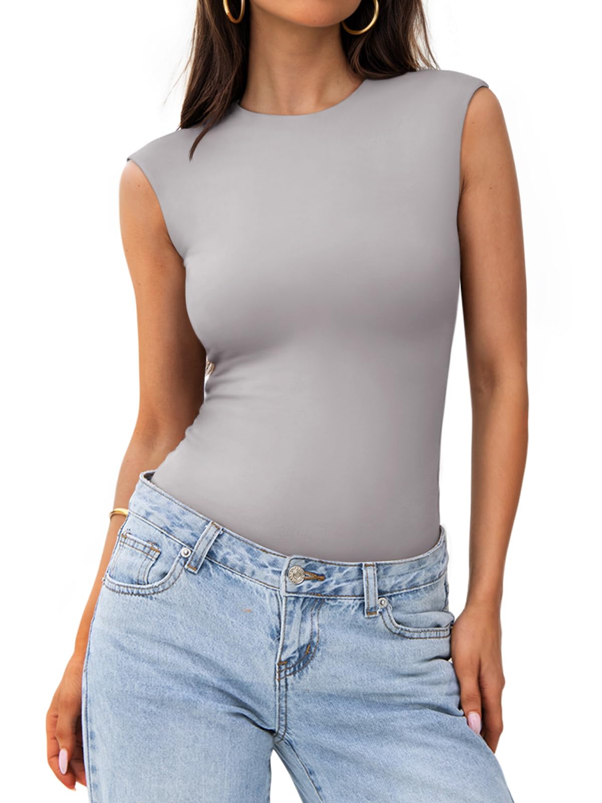 PINKMSTYLE Womens Crew Neck Sleeveless Bodysuit Double Lined Stretchy Fitted Basic Thong Body suit Tank Tops