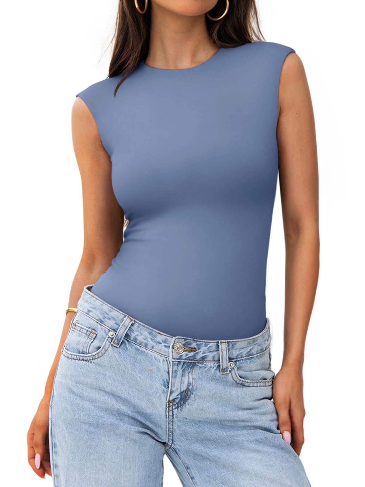 PINKMSTYLE Womens Crew Neck Sleeveless Bodysuit Double Lined Stretchy Fitted Basic Thong Body suit Tank Tops