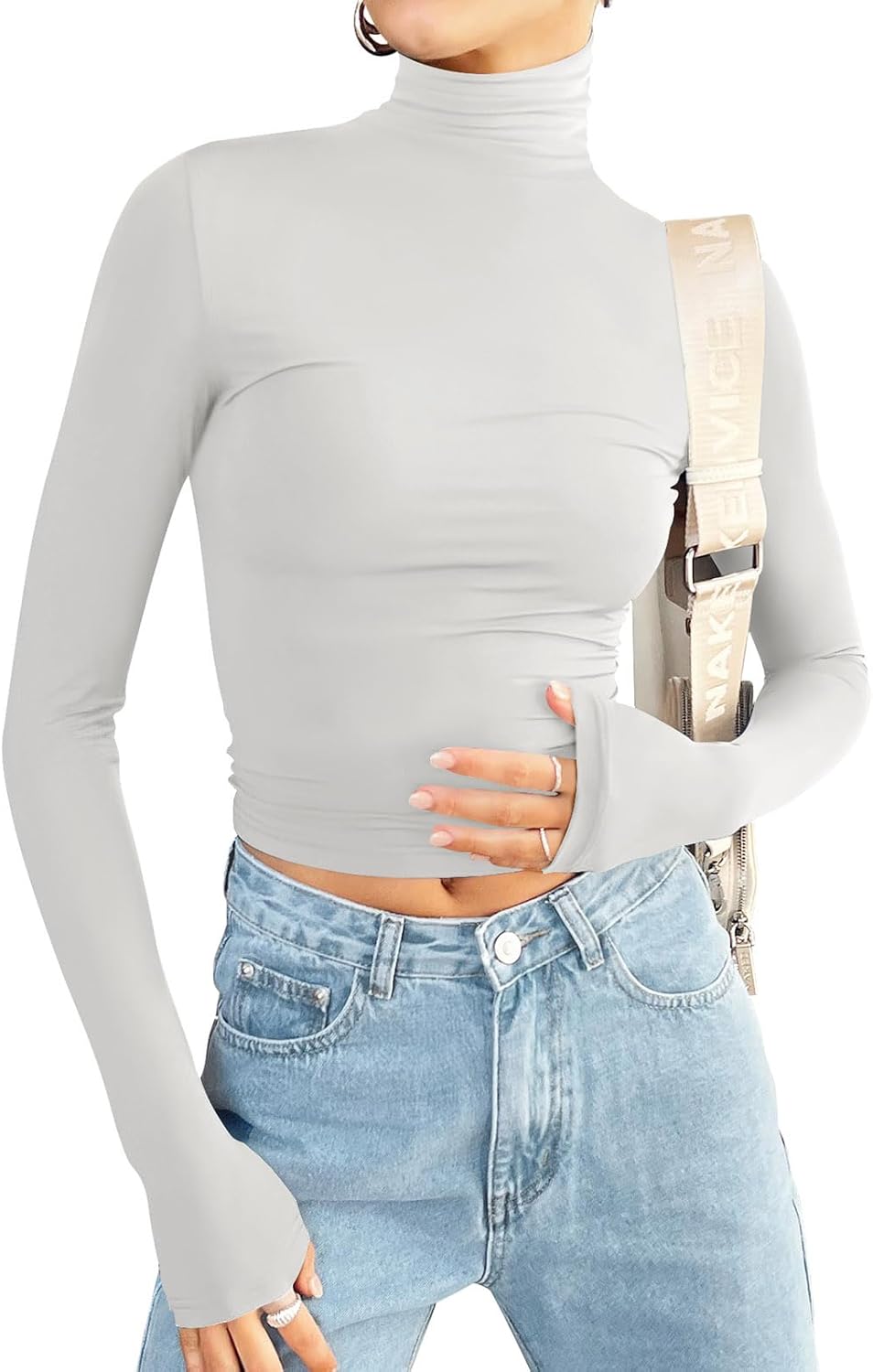 PINKMSTYLE Womens Mock Turtleneck Long Sleeve Tops Casual Double Lined T Shirts Trendy Outfits 2024 Small Off-White