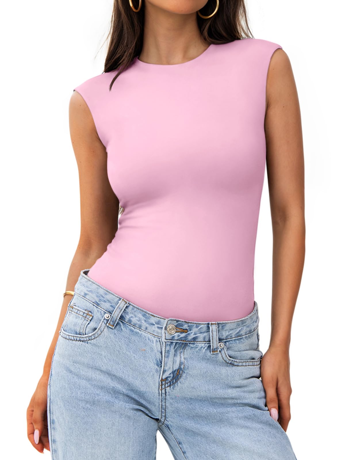 PINKMSTYLE Womens Crew Neck Sleeveless Bodysuit Double Lined Stretchy Fitted Basic Thong Body suit Tank Tops
