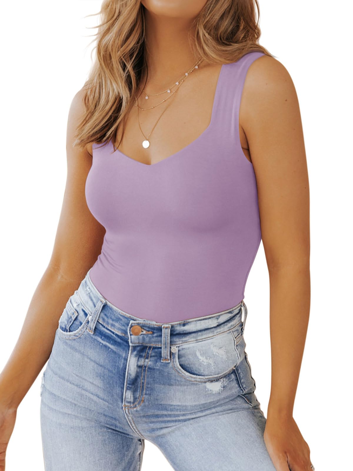 PINKMSTYLE Women's Basic Double Lined V Neck Tank Tops Sleeveless Shirts Slimming Summer Tops
