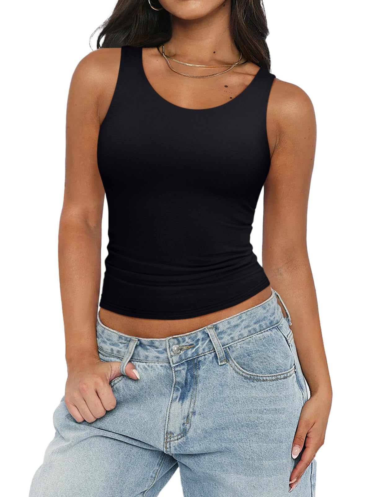 PINKMSTYLE Women's Crew Neck Sleeveless Tank Tops Slim Fit Double Lined Tops Basic Going Out Y2k Summer Tight T Shirts