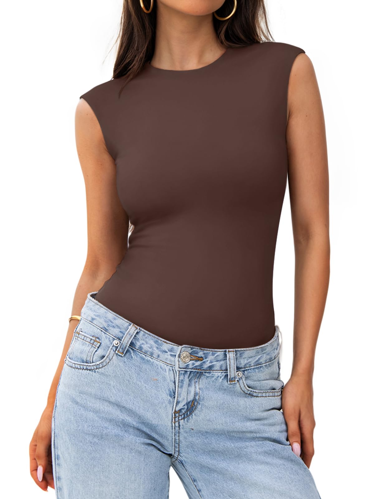 PINKMSTYLE Womens Crew Neck Sleeveless Bodysuit Double Lined Stretchy Fitted Basic Thong Body suit Tank Tops