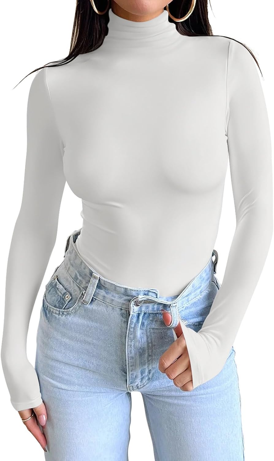 PINKMSTYLE Womens Mock Turtleneck Long Sleeve Tops Casual Double Lined T Shirts Trendy Outfits 2024 Small Off-White