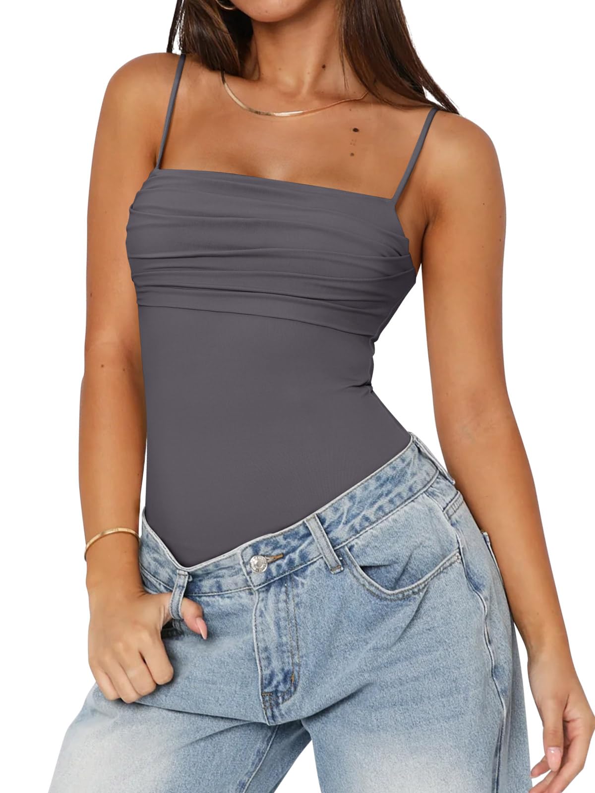 PINKMSTYLE Womens Cute Ruched Bodysuits Double Lined Tank Top Going Out Tops Date Night Outfit