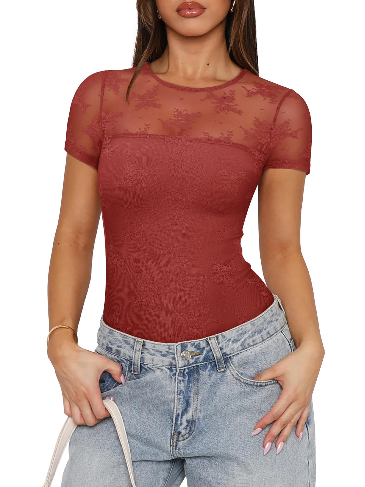 PINKMSTYLE Womens Crew Neck Lace Short Sleeve Bodysuit Double Lined Going Out Tops Sexy Thong Body Suit Shirts